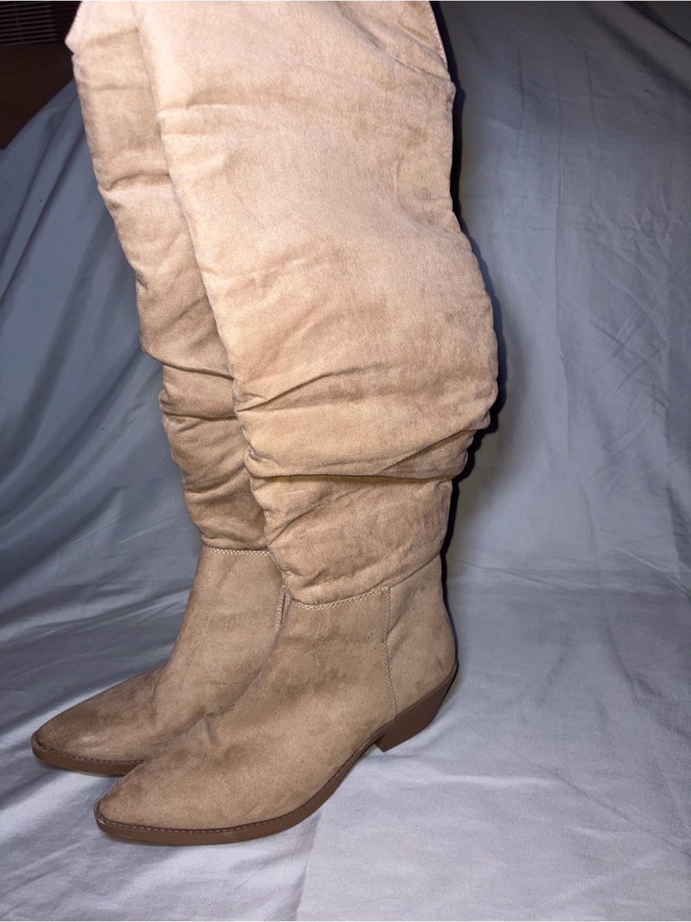 Over-the-Knee Slouch Suede Boots in Light Tan